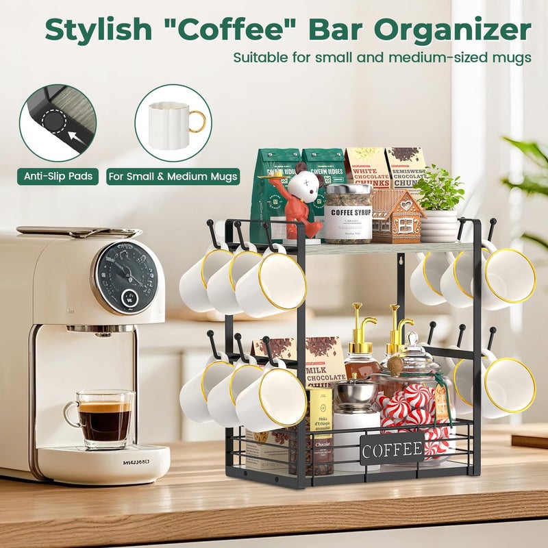 EsLuker.ly Coffee Mug Cup Holder Stand Bar Station Organizer for Countertop, Multi-Functional 2 Tier Mug Tree Rack for Kitchen, Storage Shelf with 12 Hooks, Light Grey-Black(Patented Design) - Image 5